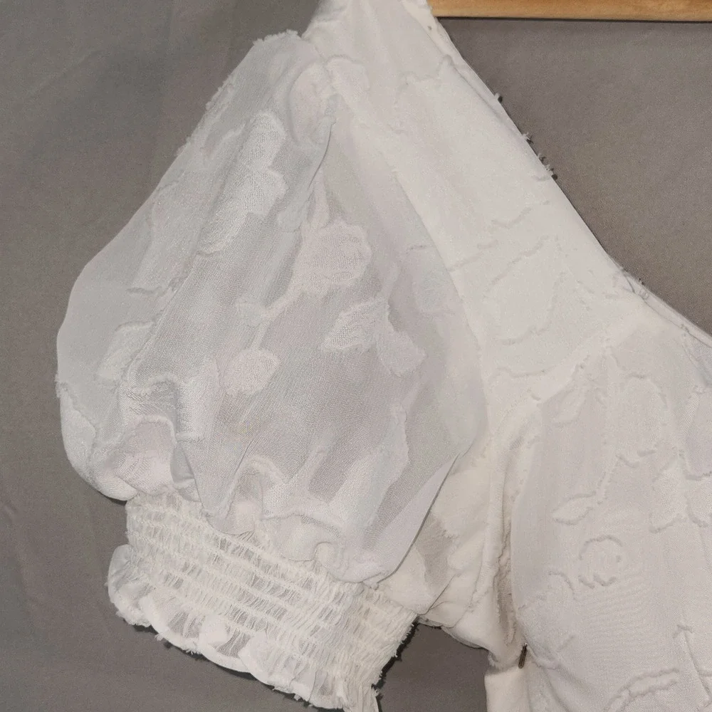 Adrianna Papell Dress Lacy Ivory Size 12 Lined Boho Embroidered Overlay Midi - Picture 6 of 16